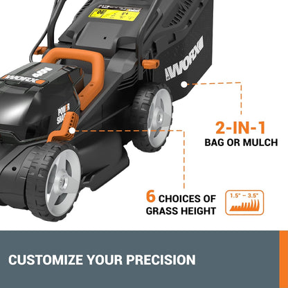 WORX 14" Cordless Lawn Mower, 2 in 1 Electric Mower Cuts Quietly, Compact & Lightweight Push Lawn Mower with 6-Position Height Adjustment for Small Yards, 2 Batteries & Charger Included, WG779