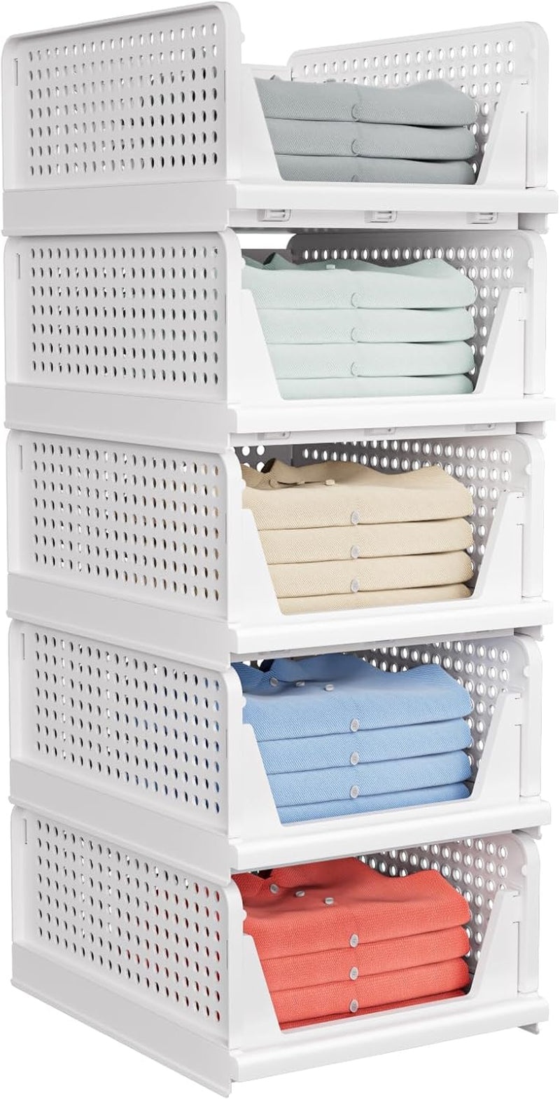 Caktraie 4 Pack Stackable Closet Storage Basket - Stackable Storage Bins, Multifunctional & Foldable Closet Organizer Divided, Wardrobe Cupboard Space-Saving Clothes Storage Hat Organizer, White