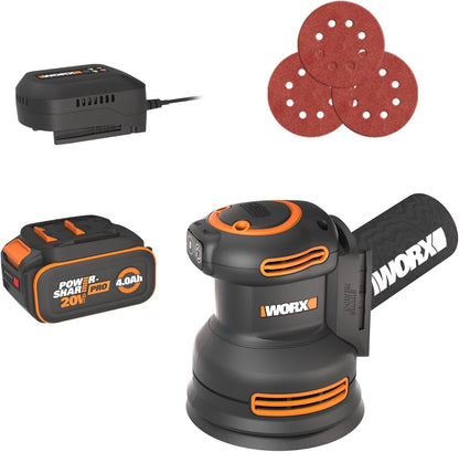 WORX Cordless Sander, 20V 10,000 Orbits/Minute Electric Sander, 5-In-1 Functions, Tool-Less Sanding Pad Change, Tool Only, Powershare