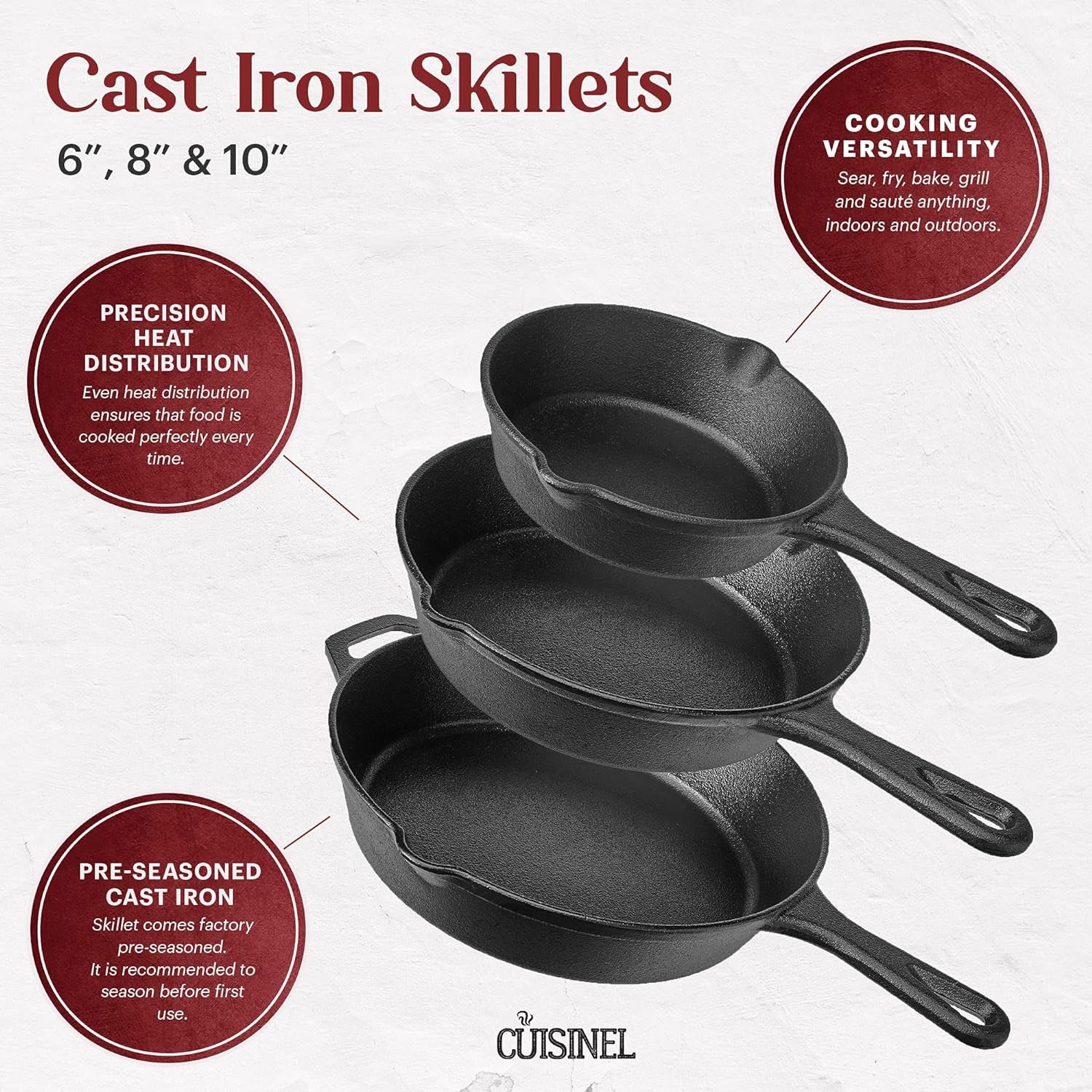 Cuisinel Pre-Seasoned Cast Iron Skillet Set - 6", 8", & 10" with Glass Lids & Silicone Handle Covers - Versatile Oven Safe Cookware for Indoor/Outdoor Cooking, Grill, BBQ, & Induction