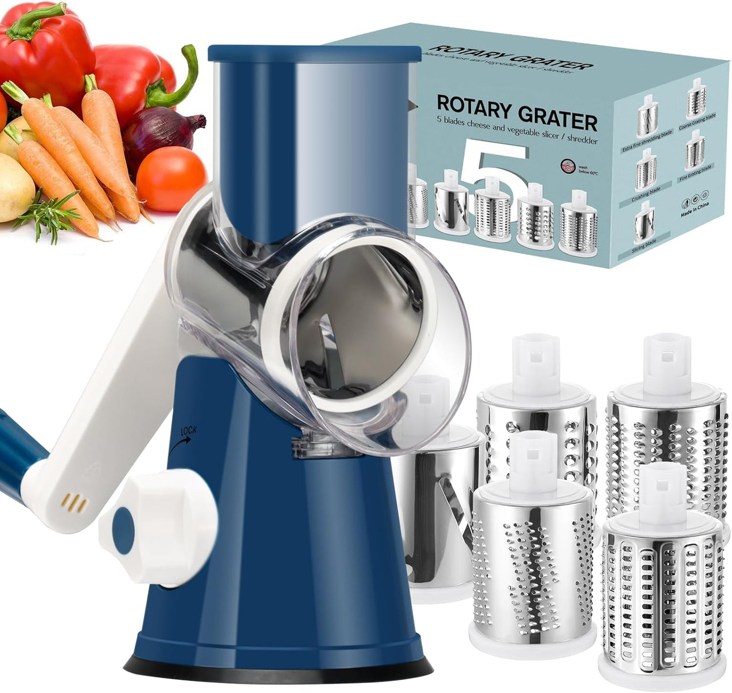 Ourokhome Rotary Cheese Grater Hand Crank, Kitchen Shredder Speed Mandolin Slicer Nut Grinder with Handle and Drum Blades for Cheese, Vegetable, Walnut, Chocolate, Potato, Carrot, 3 Blades, Green