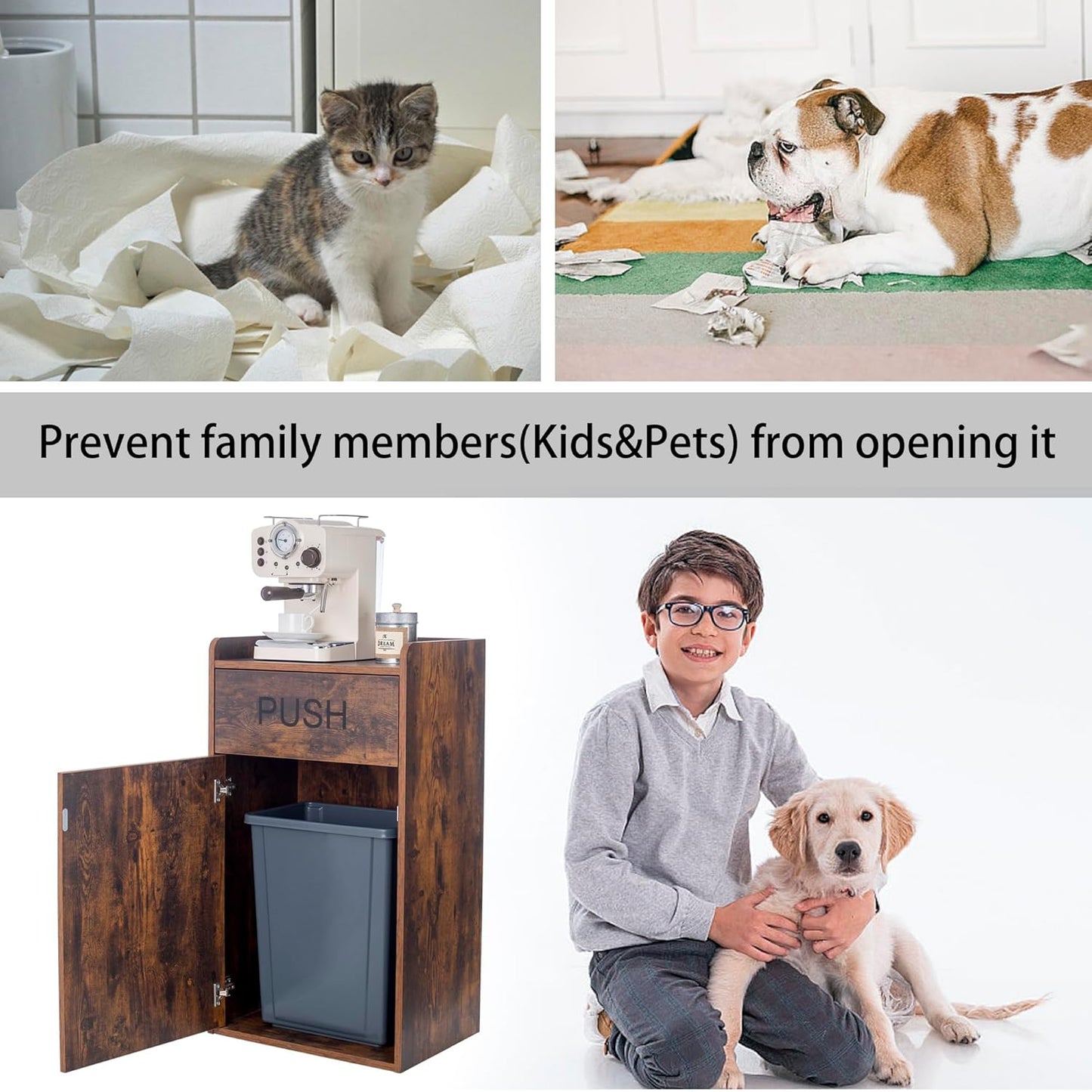 13 Gallons Tilt Out Trash Cabinet, Hidden Trash Can Cabinet Wooden Tilt Out Pet Proof Hidden Trash Bin Cabinet for Kitchen Living Room, Brown