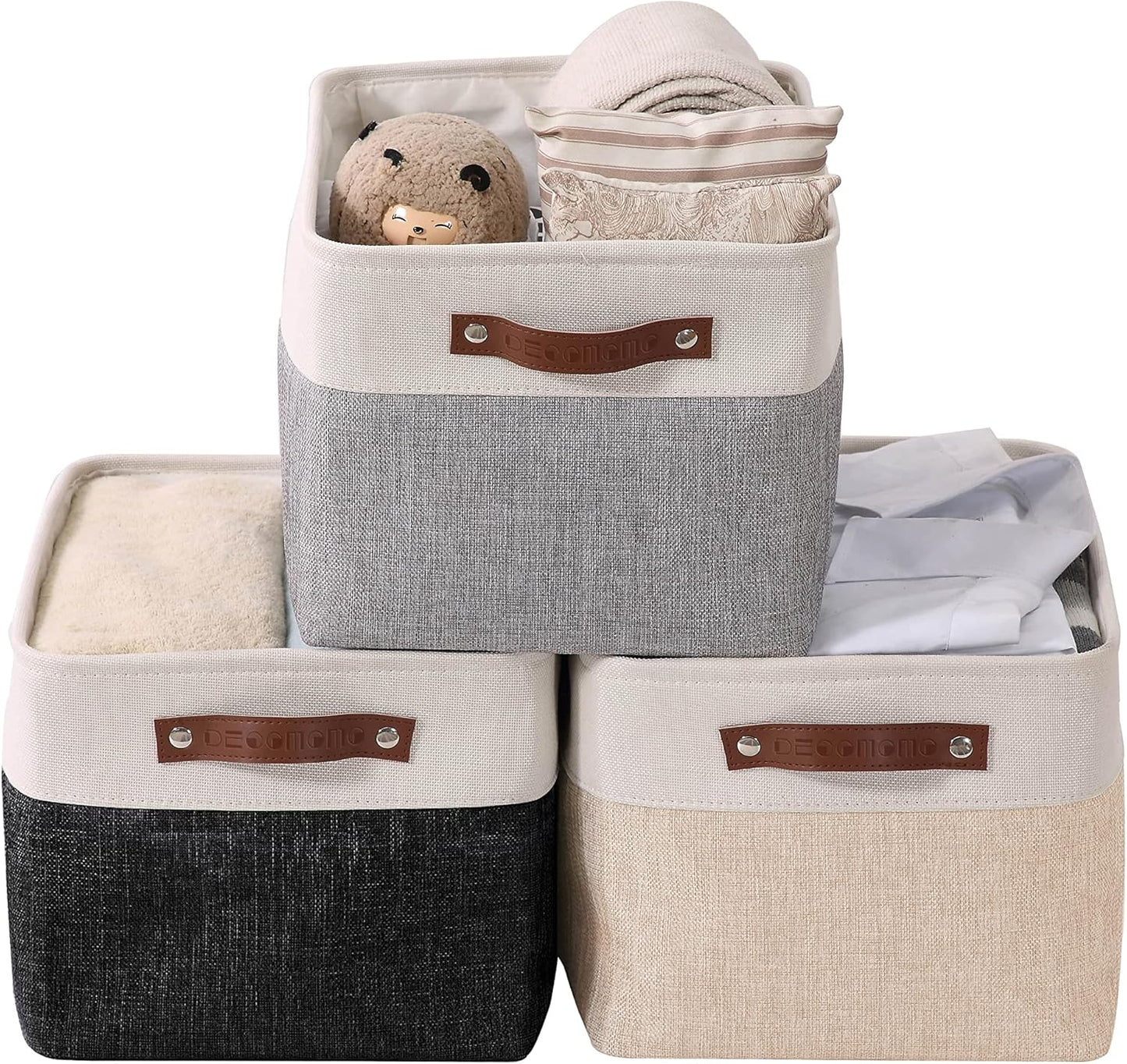 DECOMOMO Storage Bins, Large Fabric Storage Baskets for Shelves, Decorative Linen Closet Organizer, 15 X 11 X 9.5 Inches (Grey & White, 4 Pack)