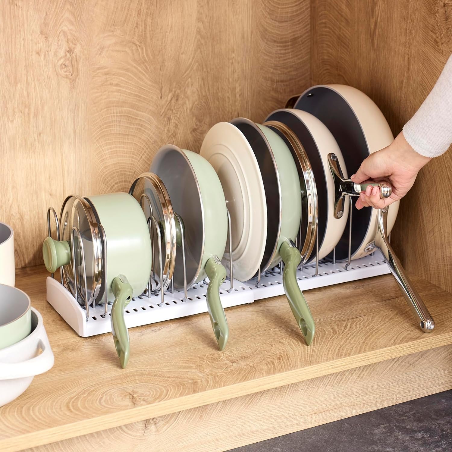 Youcopia Storemore Pan + Lid Rack, Expandable Pot Lid Organizer, Adjustable