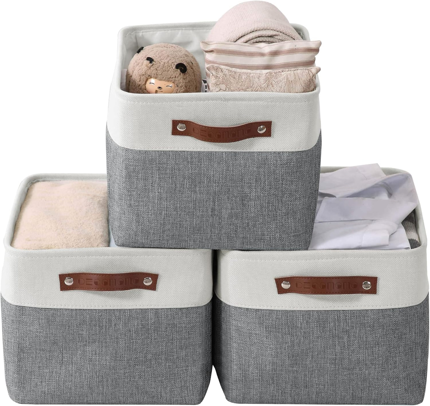 DECOMOMO Storage Bins, Large Fabric Storage Baskets for Shelves, Decorative Linen Closet Organizer, 15 X 11 X 9.5 Inches (Grey & White, 4 Pack)