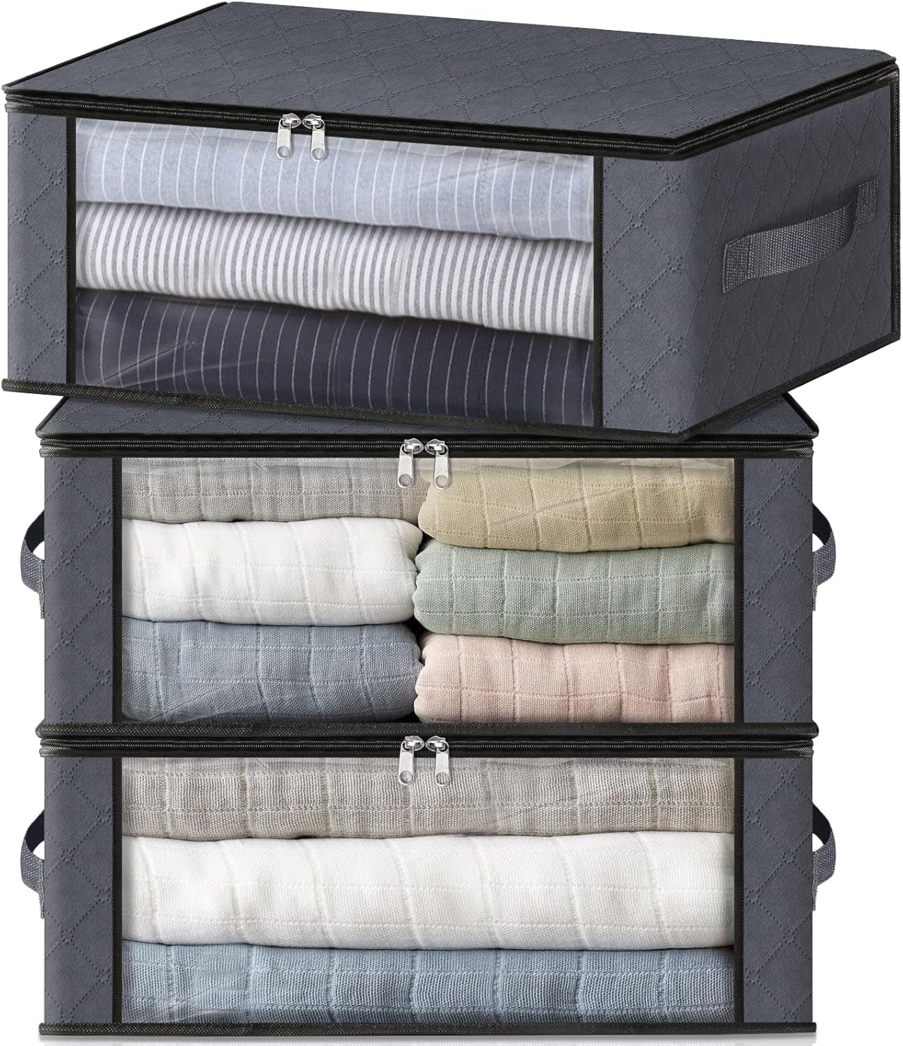 Homehacks Storage 3-Pack Clothes Organizer Storage Bags Foldable Storage Box with Large Clear Window Sturdy Handles for Closet, Dorm, Pillows, Bedding, Clothes, Blankets, 35L, Gray
