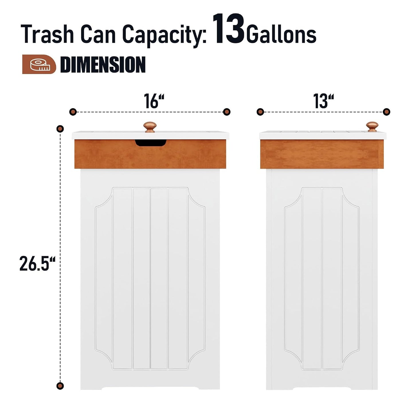Farmhouse trash can cabinet shown in a kitchen setting