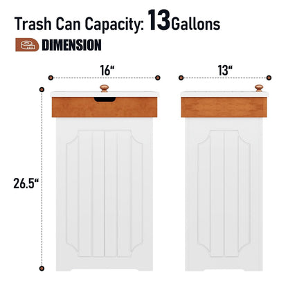 Farmhouse trash can cabinet shown in a kitchen setting