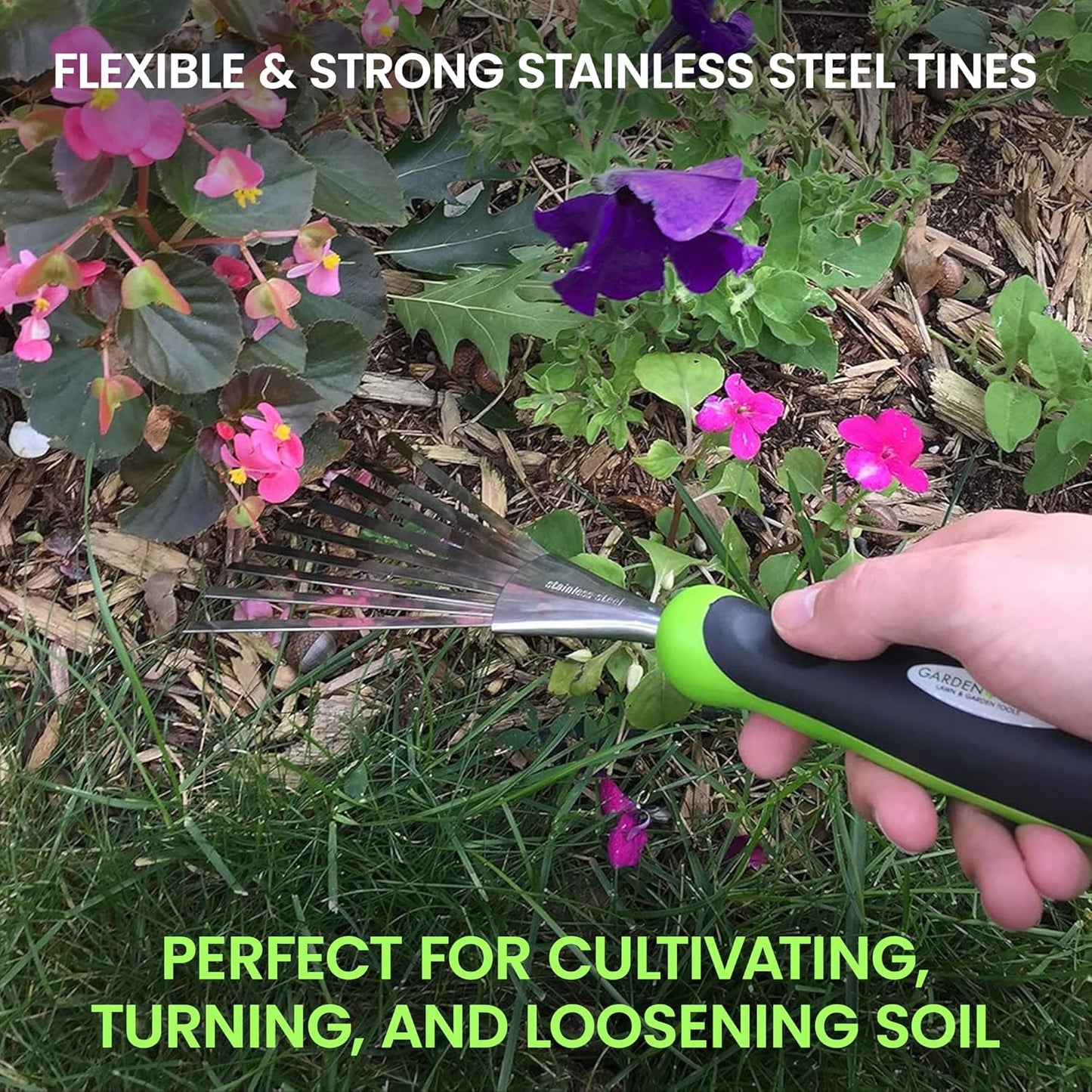 Garden Guru Ergonomic Stainless Steel Hand Rake and Soil Tiller for Gardening, Soil Cultivation, Mulch Spreading, and Flower Bed Raking