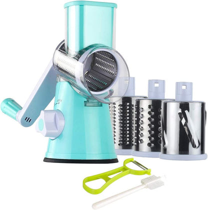 Ourokhome Rotary Cheese Grater Hand Crank, Kitchen Shredder Speed Mandolin Slicer Nut Grinder with Handle and Drum Blades for Cheese, Vegetable, Walnut, Chocolate, Potato, Carrot, 3 Blades, Green