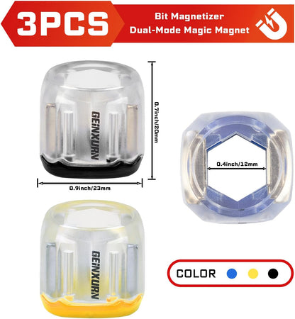 Geinxurn 3Pieces Multipurpose Magnetic Screw Holder Set, Removable Magnetizer Rings for Hex Bits, Compatible with Screwdrivers, Power Drills and Hex Wrenches, Applicable Size 6-12Mm(Yellow,Blue,Black)