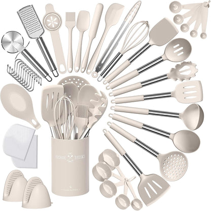 Umite Chef Silicone Kitchen Cooking Utensil Set, 43 Pcs Silicone Spatula with Stainless Steel Handle, Non-Stick Heat Resistant - Best Cookware (Grey)
