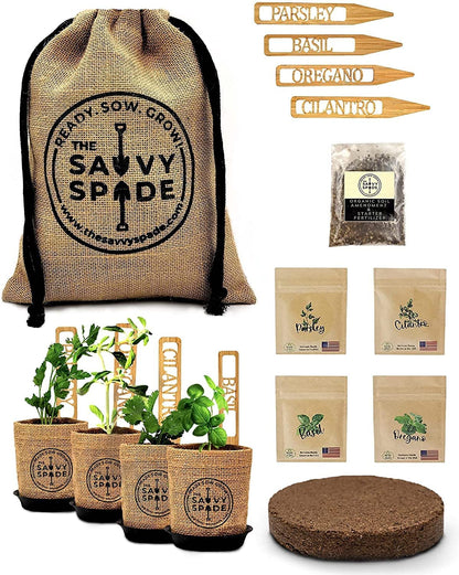 Indoor Herb Garden Starter Kit - Non-GMO Heirloom Seeds for Cilantro, Oregano, Parsley, and Basil - Ideal Gardening Gift - Made in the USA
