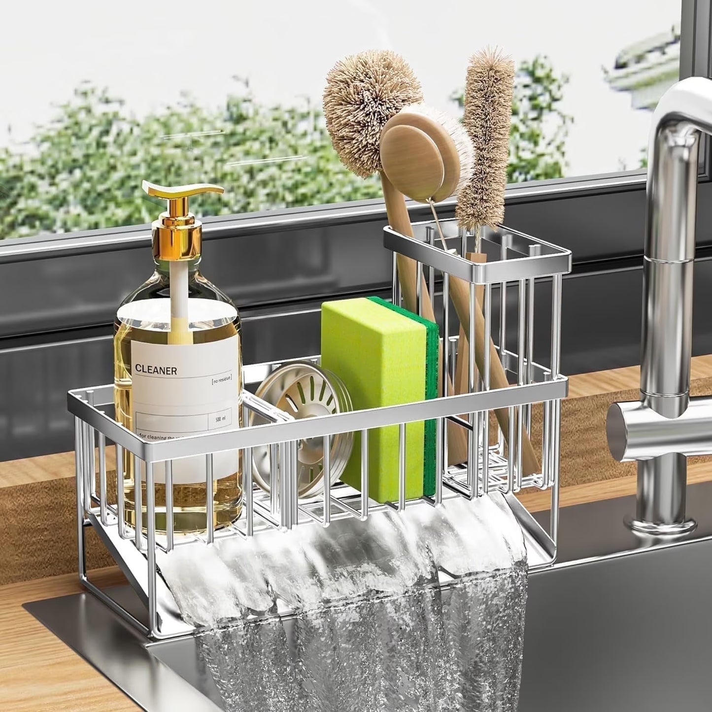 Cisily Kitchen Item Sink Caddy Kitchen Organizer, Sponge Holder for Kitchen Sink, Drain on an Incline Kitchen Sink Organizer,Rust-Resistant Metal Black Sink Caddy,Sink Caddy with Brush Holder