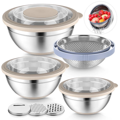 Vesteel Mixing Bowls with Lids Set of 7, Stainless Steel Nesting Bowls with Colander and 3 Graters for Draining Prepping Slicing, Nonslip Bottoms & Airtight Lid, Size 4.6, 2.6, 1.5 Qt, Blue