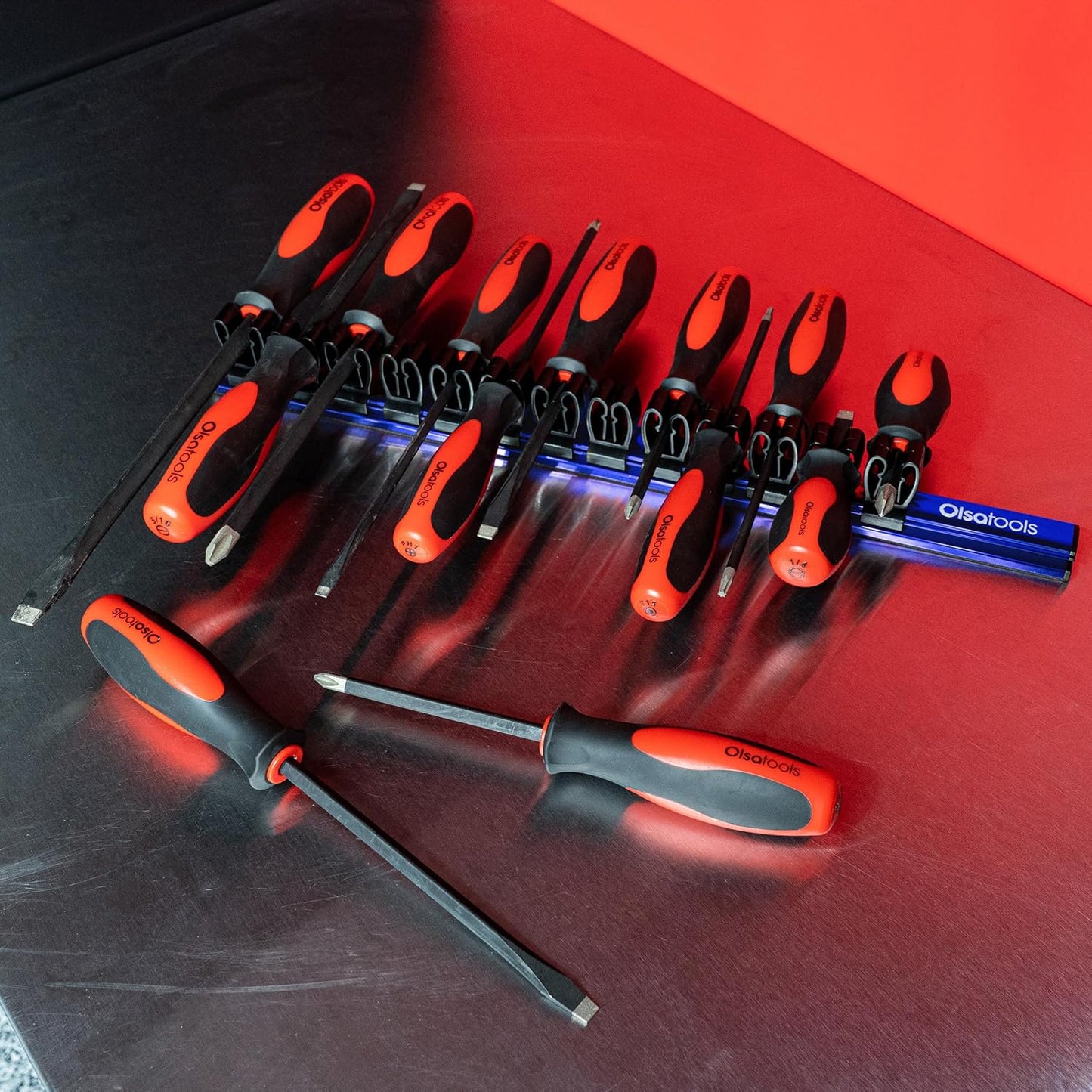 Olsa Tools Magnetic Screwdriver Organizer - Screwdriver Holder with Strong Magnets and Foam Backing - Professional Tool Holder and Tool Organizer - Stores up to 16 Screwdrivers - Blue - Part: 1114