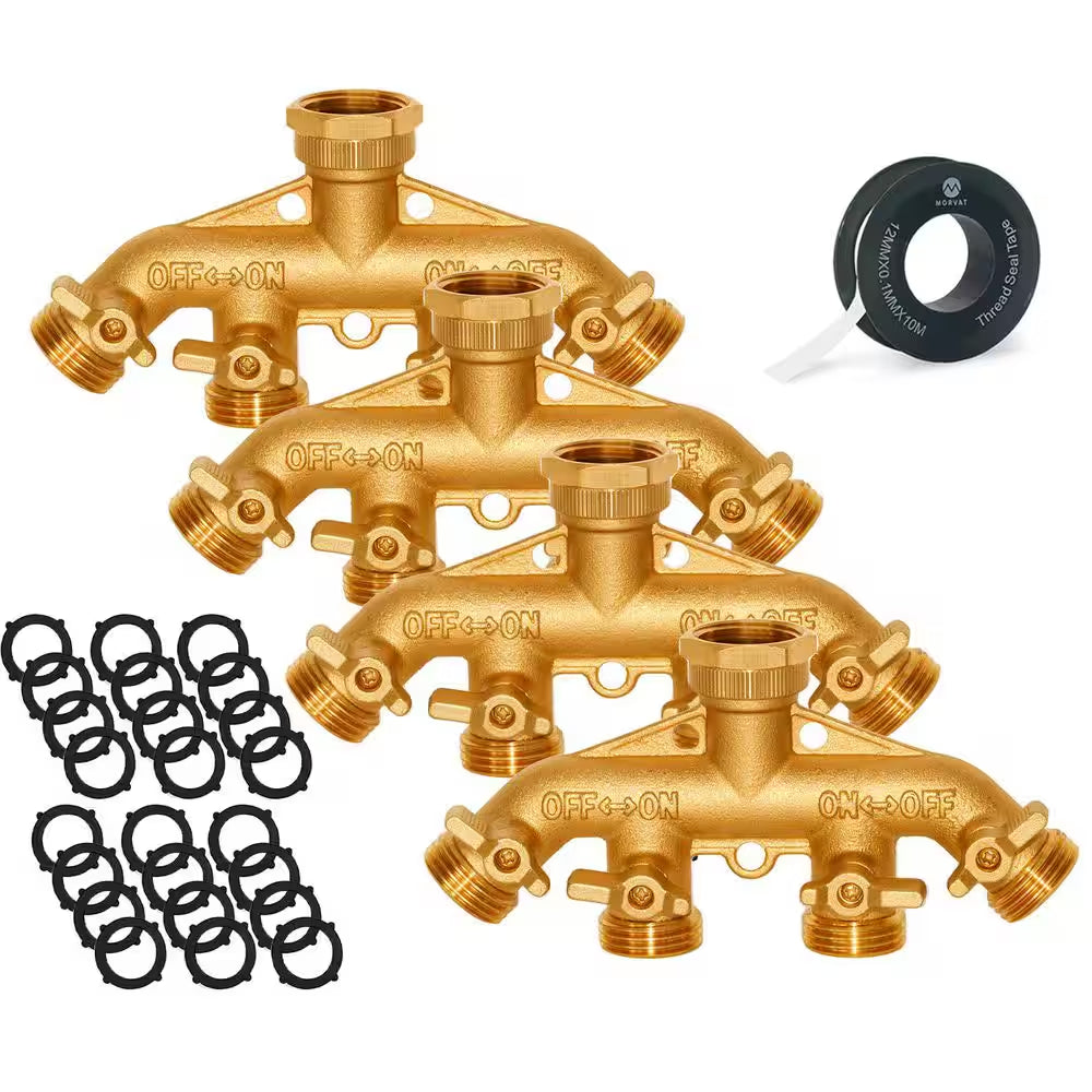 Brass Garden Hose Splitter, Heavy-Duty 4-Way Hose Connector Fitting