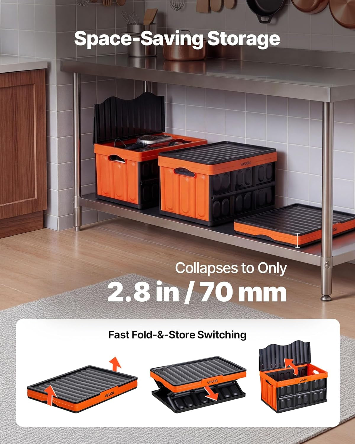 VEVOR Plastic Collapsible Storage Bins with Lids, 45L 3Packs, Stackable Folding Storage Crates with Handles, Holds 44 Lbs per Bin, Heavy Duty Containers, Space-Saving Baskets, for Home Organizing