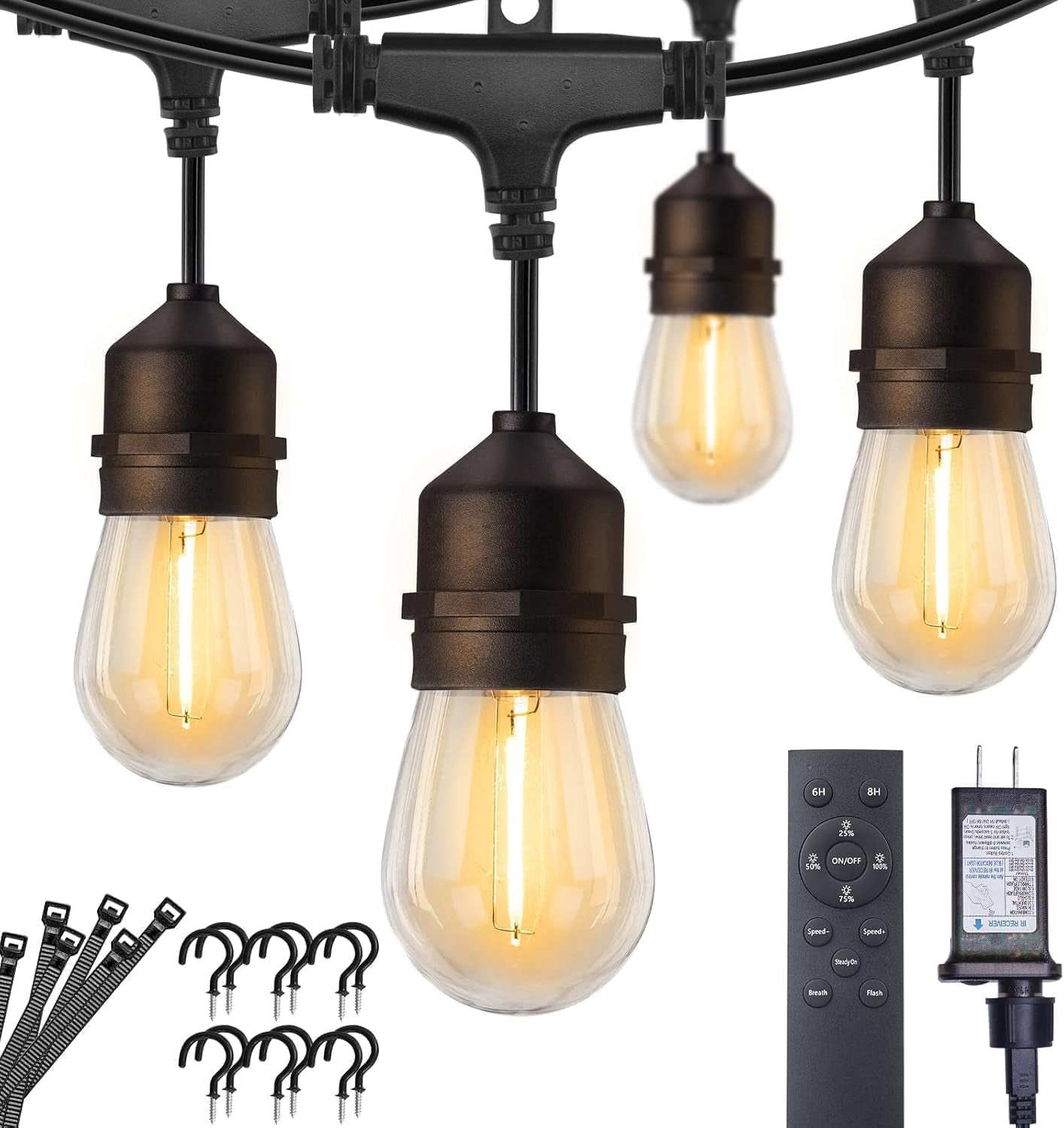 Outdoor ST38 LED string lights, warm white glow at night