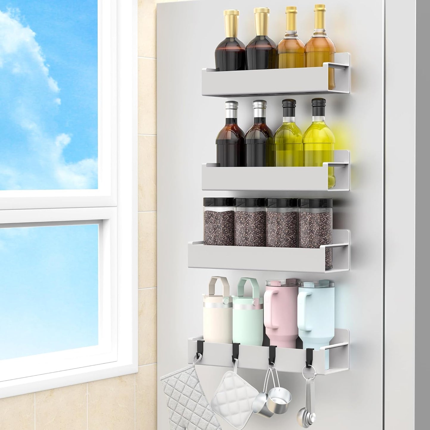 Magnetic fridge spice rack mounted on an oven door
