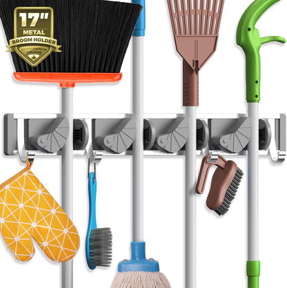 Holikme Wall Mount Mop and Broom Holder - 4 Hook Metal Organizer for Kitchen and Garden Storage, Silver