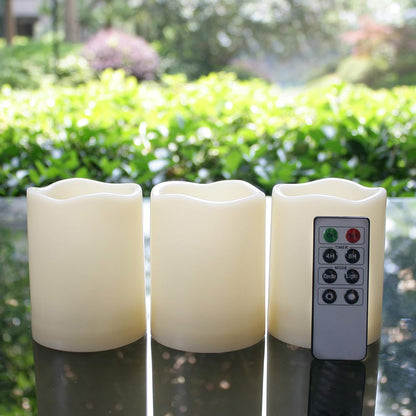 Outdoor Waterproof Battery-Operated Flameless LED Pillar Candles with Remote Timer - Flickering Electric Decorative Lights for Christmas, Weddings, and Parties - Set of 3