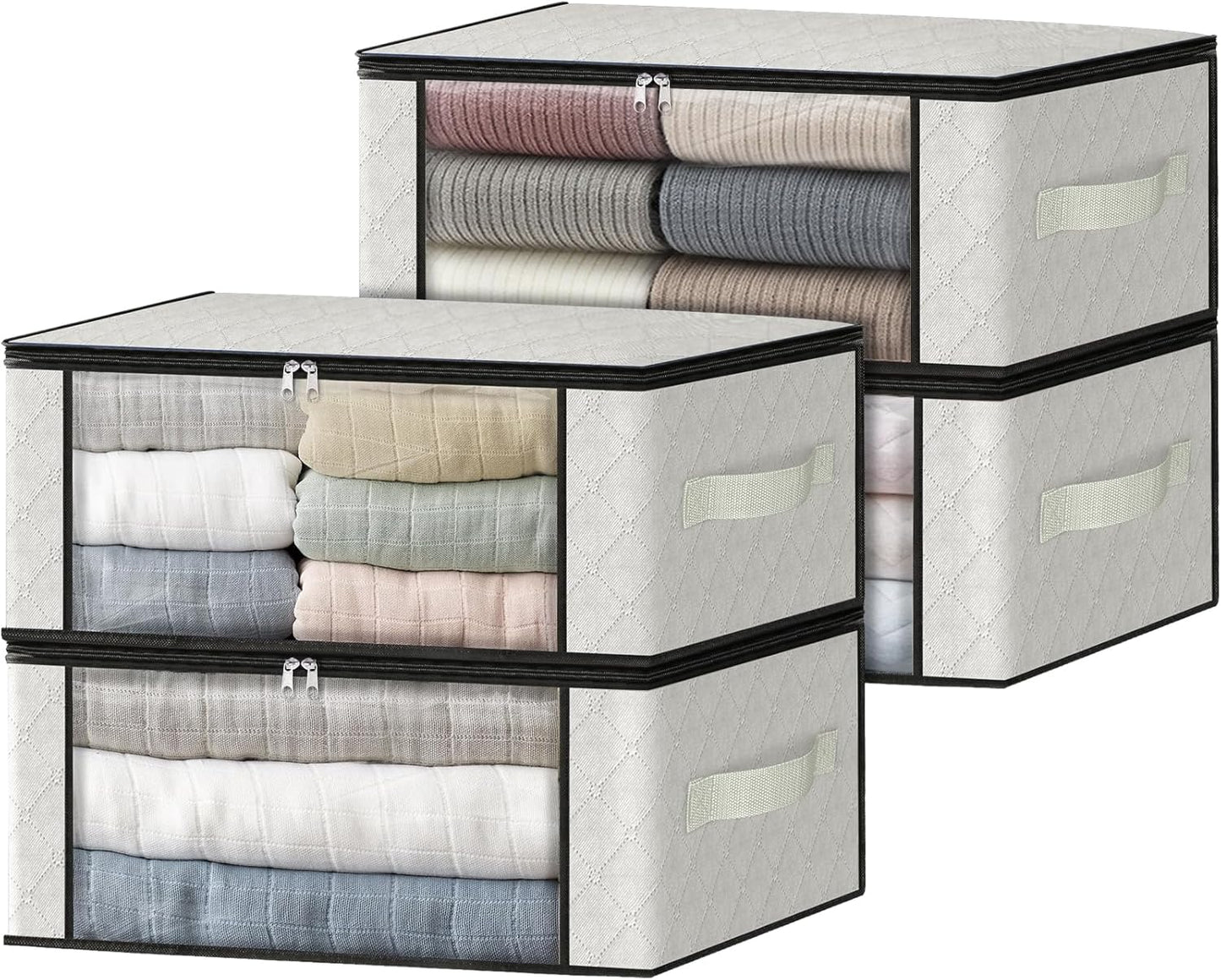 Homehacks Storage 3-Pack Clothes Organizer Storage Bags Foldable Storage Box with Large Clear Window Sturdy Handles for Closet, Dorm, Pillows, Bedding, Clothes, Blankets, 35L, Gray