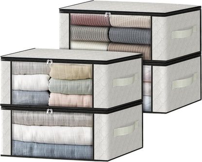 Homehacks Storage 3-Pack Clothes Organizer Storage Bags Foldable Storage Box with Large Clear Window Sturdy Handles for Closet, Dorm, Pillows, Bedding, Clothes, Blankets, 35L, Gray