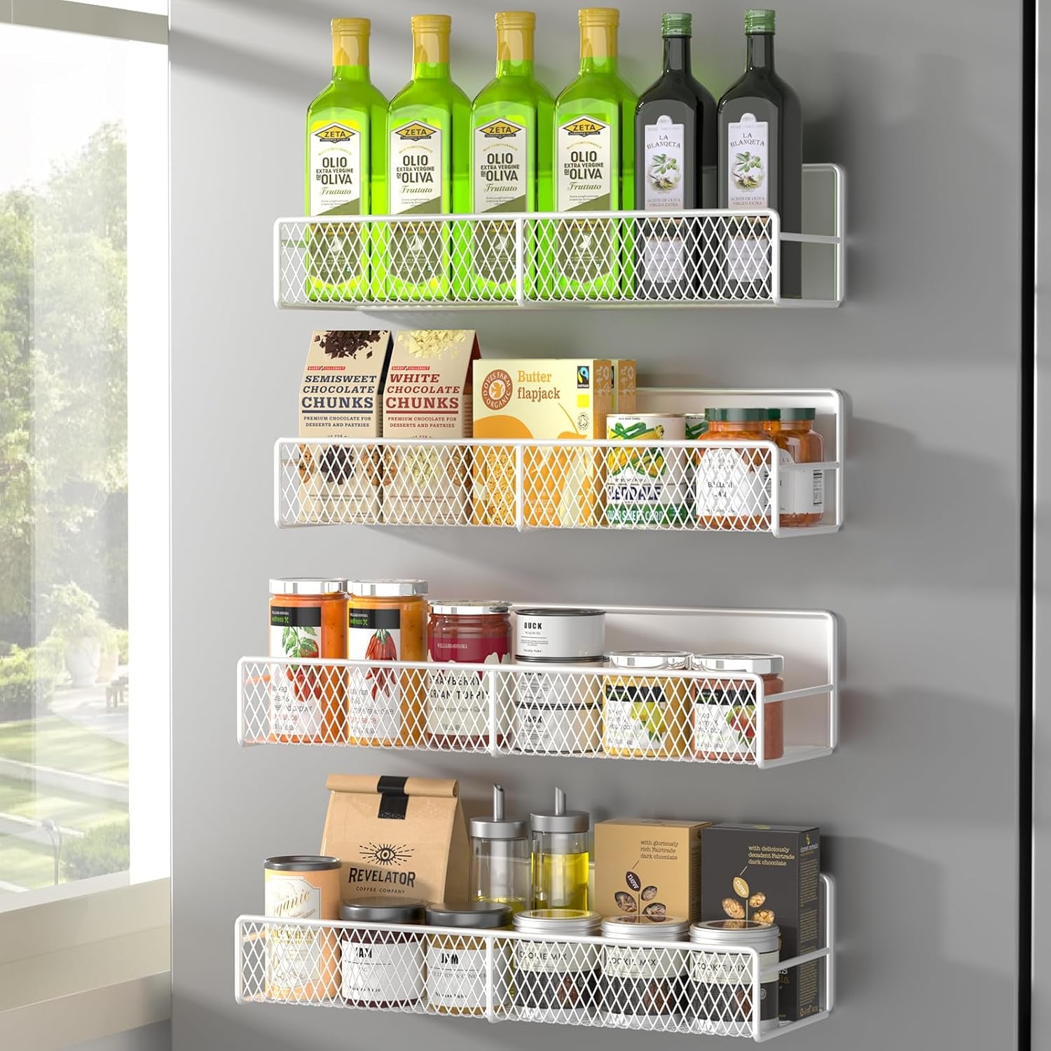 Magnetic spice rack shelf, alternate angle in grey finish