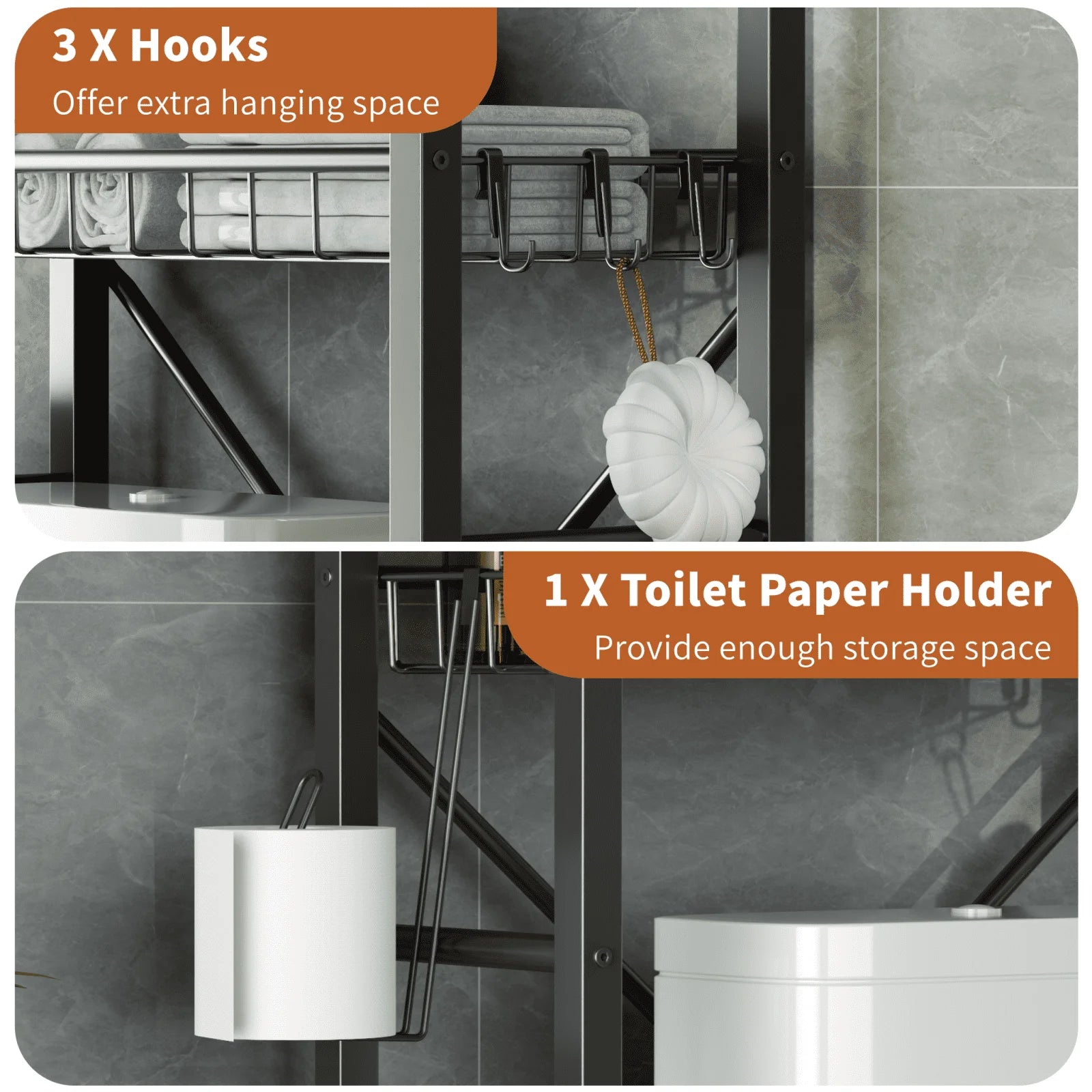 Capri 4-Tier Over-The-Toilet Storage Shelf, Bathroom Organizer Shelf over Toilet, Freestanding Space Saver Rack with Adjustable Shelf and Basket, Rustic Brown