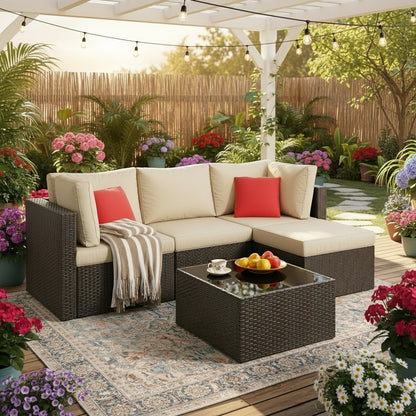 5 Pieces Outdoor Sectional Furniture, All-Weather Rattan Patio Furniture Set, Wicker Patio Sectional Couch with Cushion, Glass Table, Navy Blue