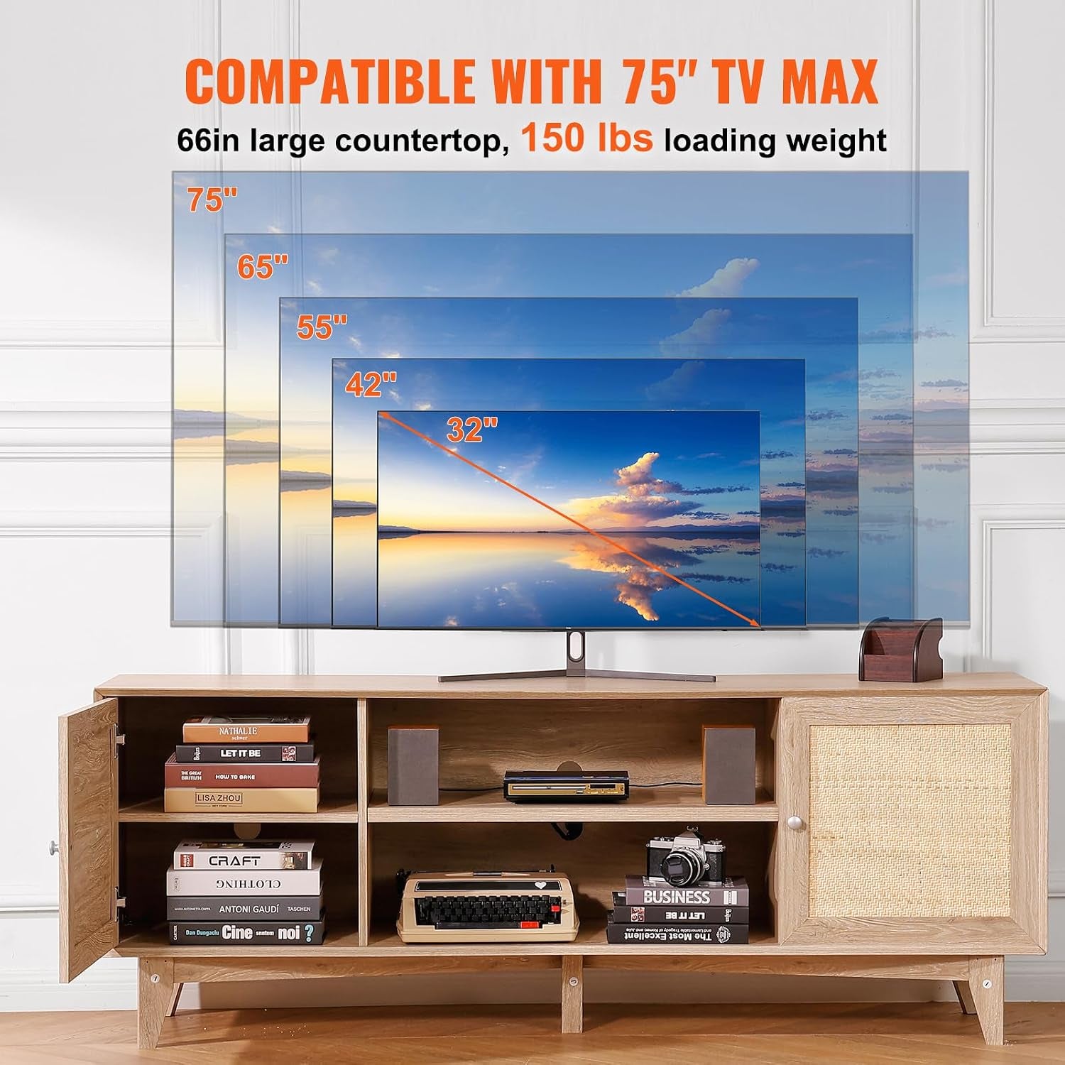 VEVOR Rattan TV Stand, Mid Century Modern TV Stand for 75 Inch TV, Boho Rattan TV Cabinet with Build-In Socket and USB Ports, Adjustable Shelfs for Living Room, Media Room, Oak
