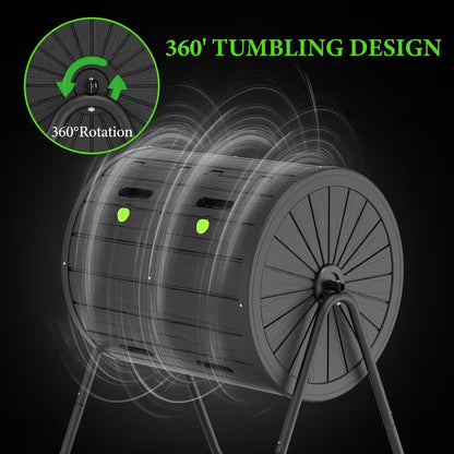 Compost Bin 37.5 Gal. Ual Chamber Composting Tumbler Large Tumbling Composter with 2 Doors and Frame