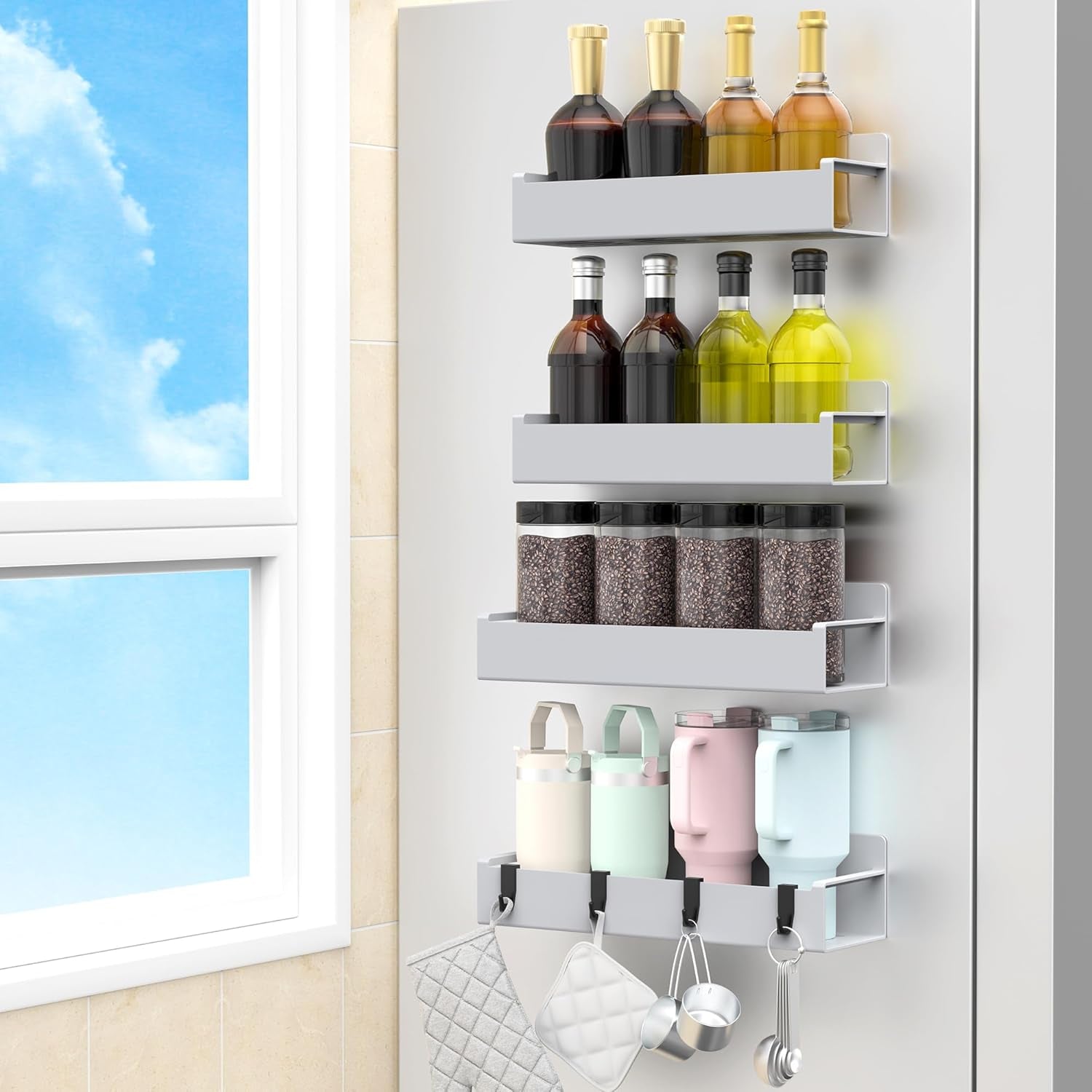 Magnetic fridge spice rack, close-up detail