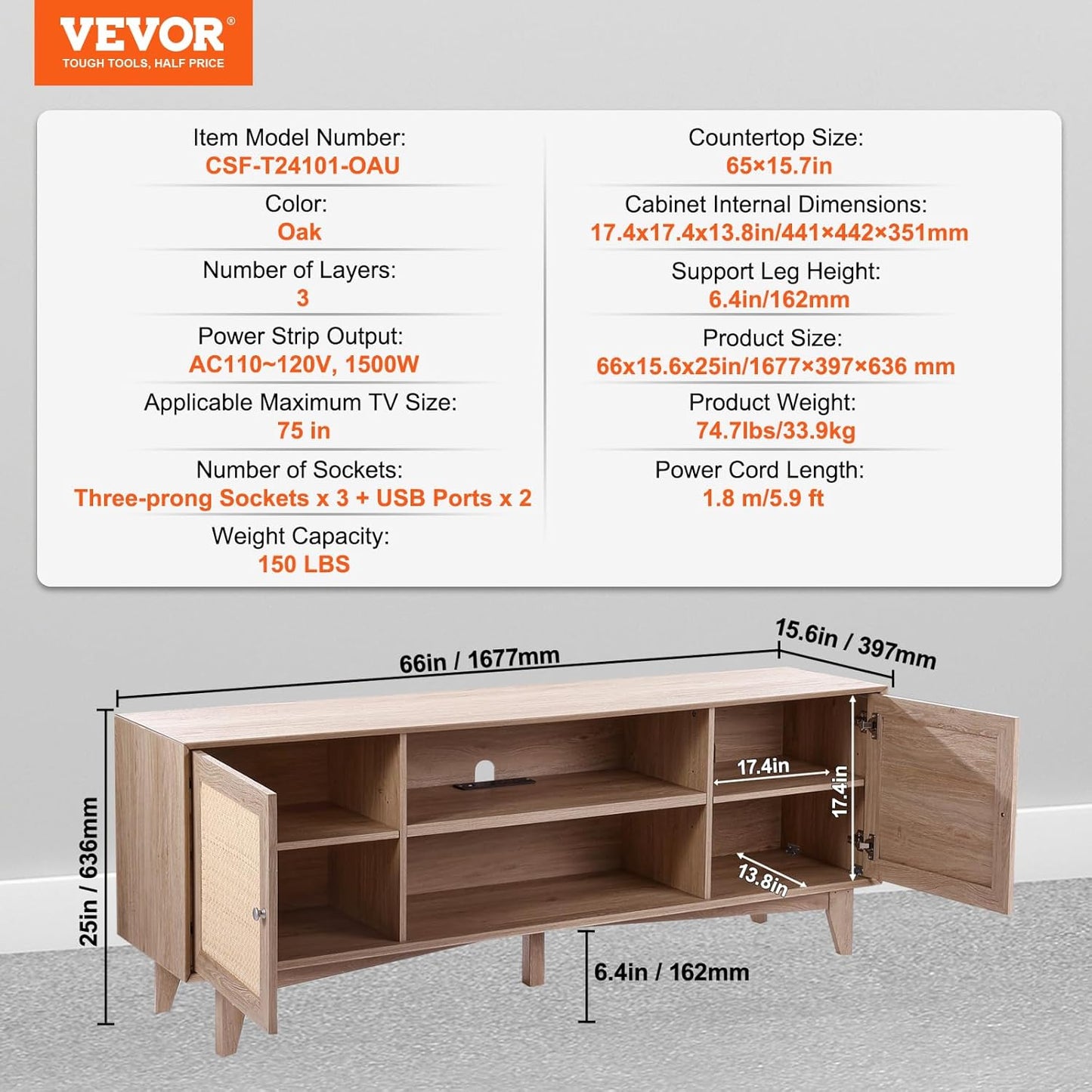VEVOR Rattan TV Stand, Mid Century Modern TV Stand for 75 Inch TV, Boho Rattan TV Cabinet with Build-In Socket and USB Ports, Adjustable Shelfs for Living Room, Media Room, Oak