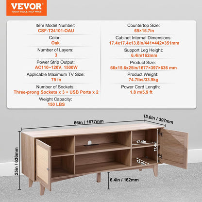 VEVOR Rattan TV Stand, Mid Century Modern TV Stand for 75 Inch TV, Boho Rattan TV Cabinet with Build-In Socket and USB Ports, Adjustable Shelfs for Living Room, Media Room, Oak