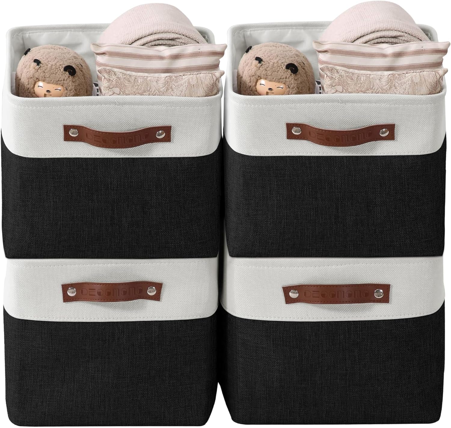 DECOMOMO Storage Bins, Large Fabric Storage Baskets for Shelves, Decorative Linen Closet Organizer, 15 X 11 X 9.5 Inches (Grey & White, 4 Pack)