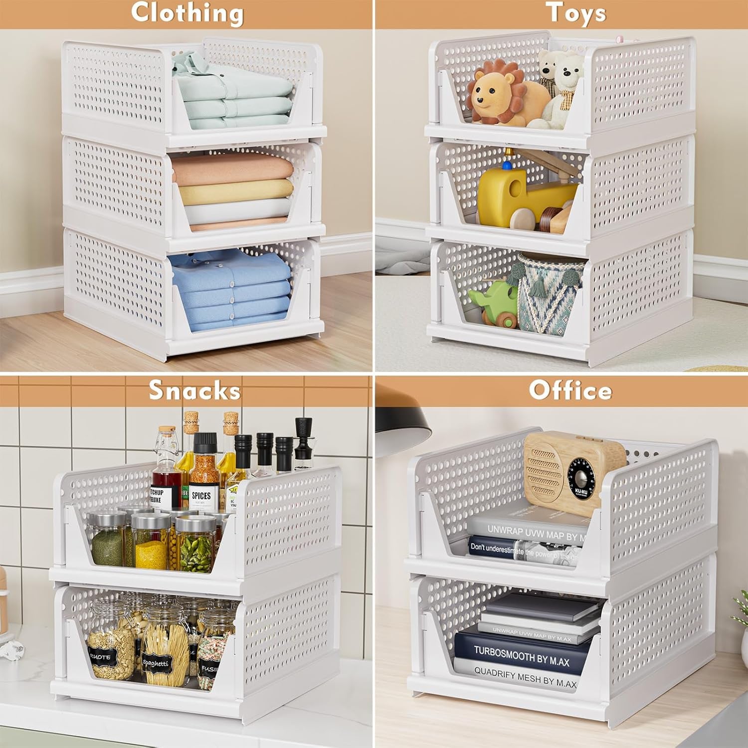Caktraie 4 Pack Stackable Closet Storage Basket - Stackable Storage Bins, Multifunctional & Foldable Closet Organizer Divided, Wardrobe Cupboard Space-Saving Clothes Storage Hat Organizer, White