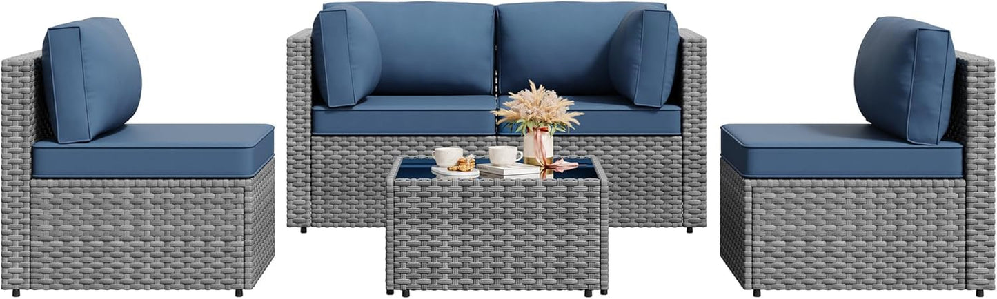 5 Pieces Outdoor Sectional Furniture, All-Weather Rattan Patio Furniture Set, Wicker Patio Sectional Couch with Cushion, Glass Table, Navy Blue