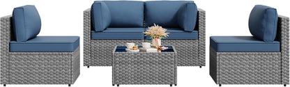 5 Pieces Outdoor Sectional Furniture, All-Weather Rattan Patio Furniture Set, Wicker Patio Sectional Couch with Cushion, Glass Table, Navy Blue