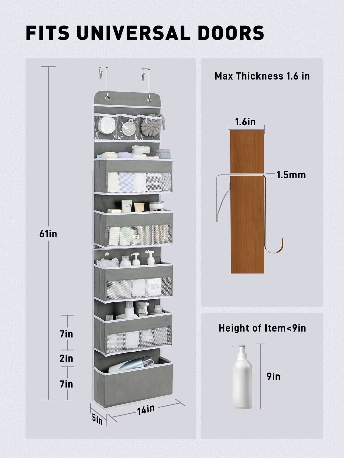 Lazyspin 6-Shelf over the Door Organizer, Door Hanging Storage, Gray