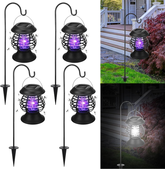 Solar-powered garden lights with purple LED lights on black stakes, shown in various settings.