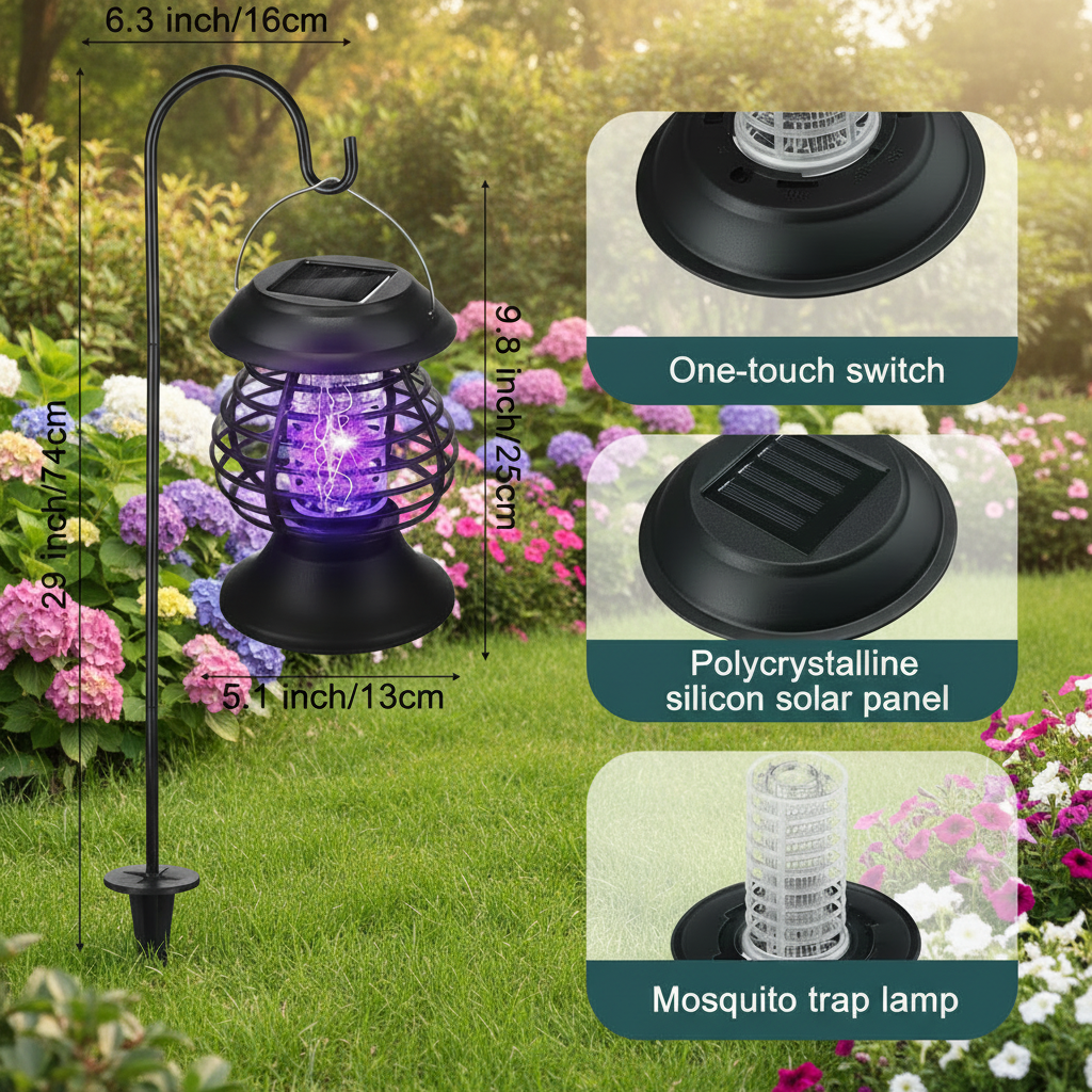 Solar-powered mosquito trap lamp with specifications on a grassy background