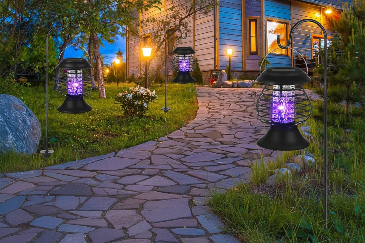 Mosquito killer lamp with solar charging, light wave mosquito trap, safety grille, and rain and sun protection features in a garden setting.