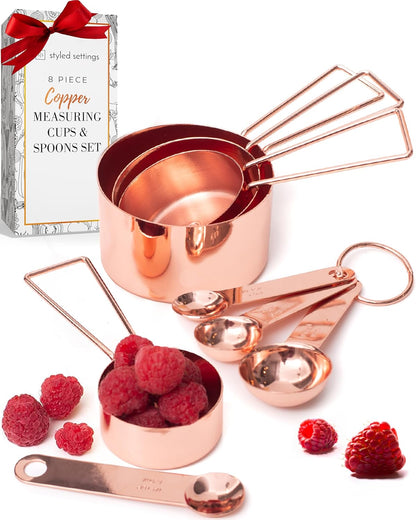 Elegant Rose Gold Copper Measuring Cups and Spoons Set – 8-Piece Stackable Stainless Steel Kitchen Essentials for Baking and Cooking