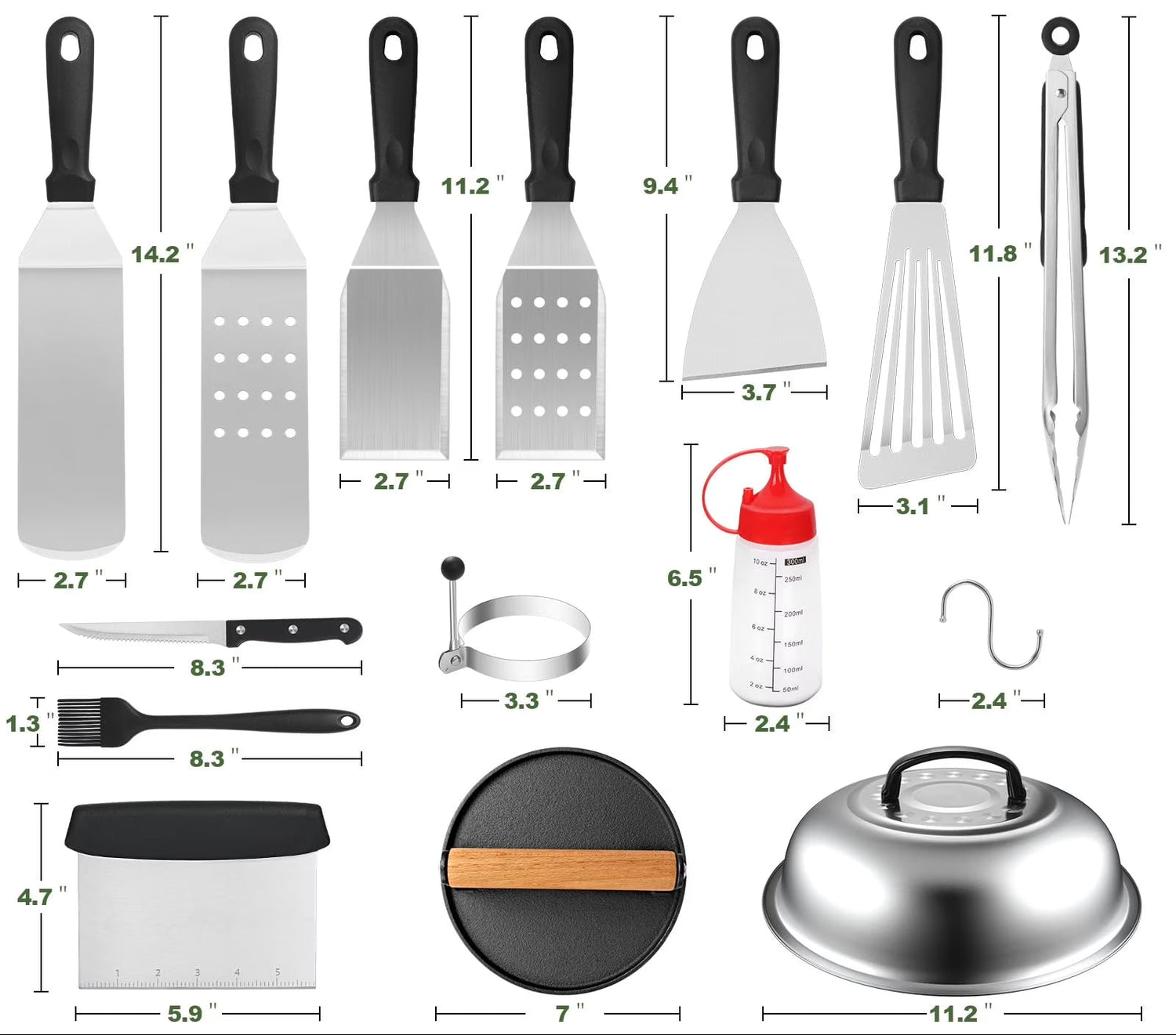 Comprehensive griddle accessories kit with various tools and dimensions displayed.