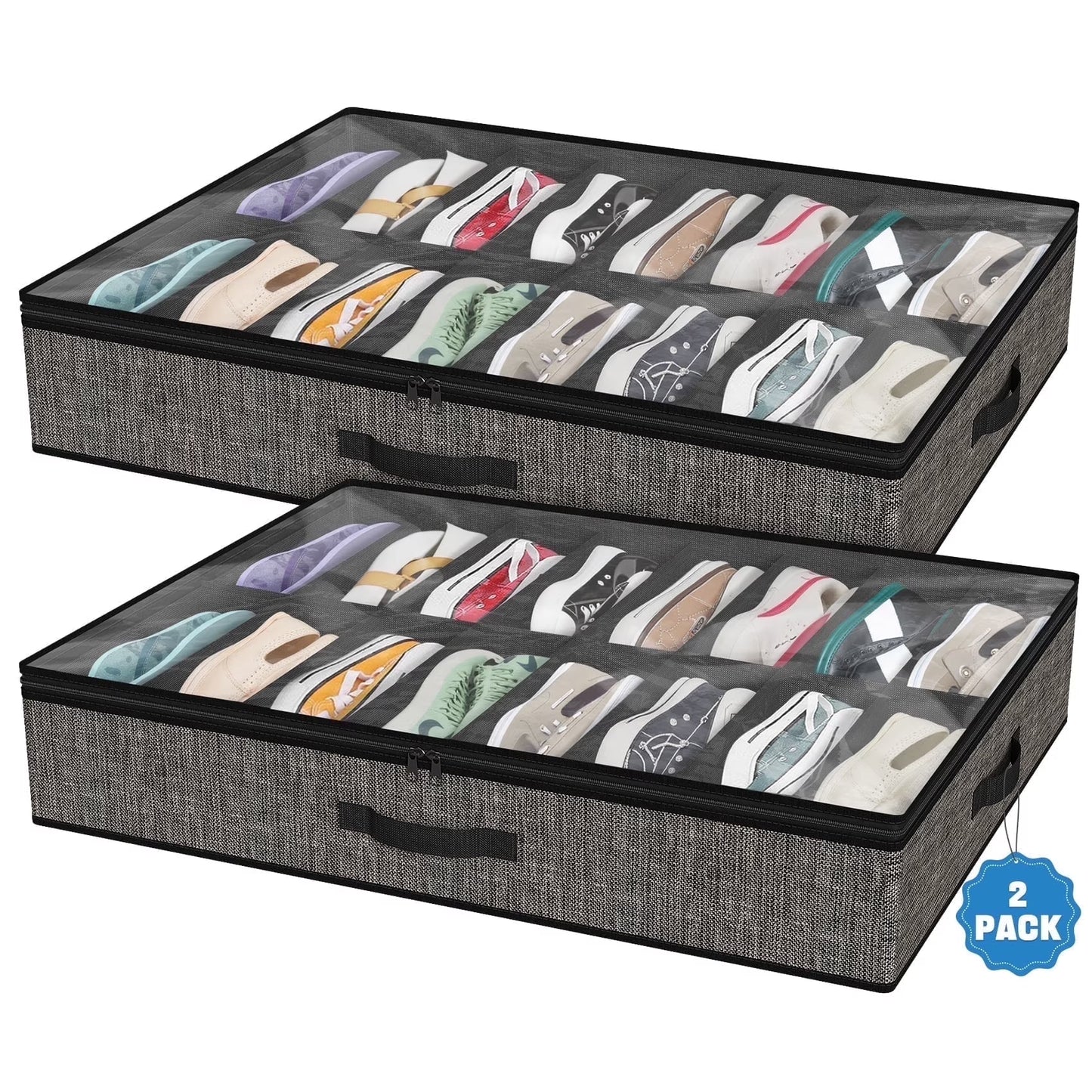 Acerichfad under Bed Shoe Storage Organizer, 2 Pack 32 Pairs Foldable under Bed Shoe Storage Organizer, Black
