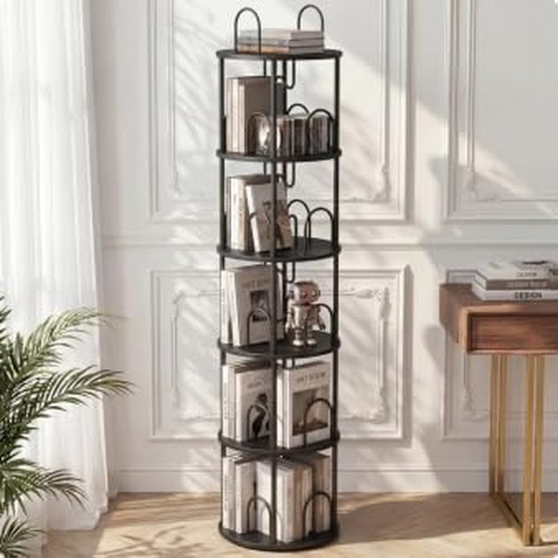5 Tier Rotating Bookshelf, 360° Spinning Bookshelf Tower, Narrow Corner Book Shelf, Revolving Bookcase Corner Tall Book Shelf for Small Spaces, Bedroom, Living Room, Gold