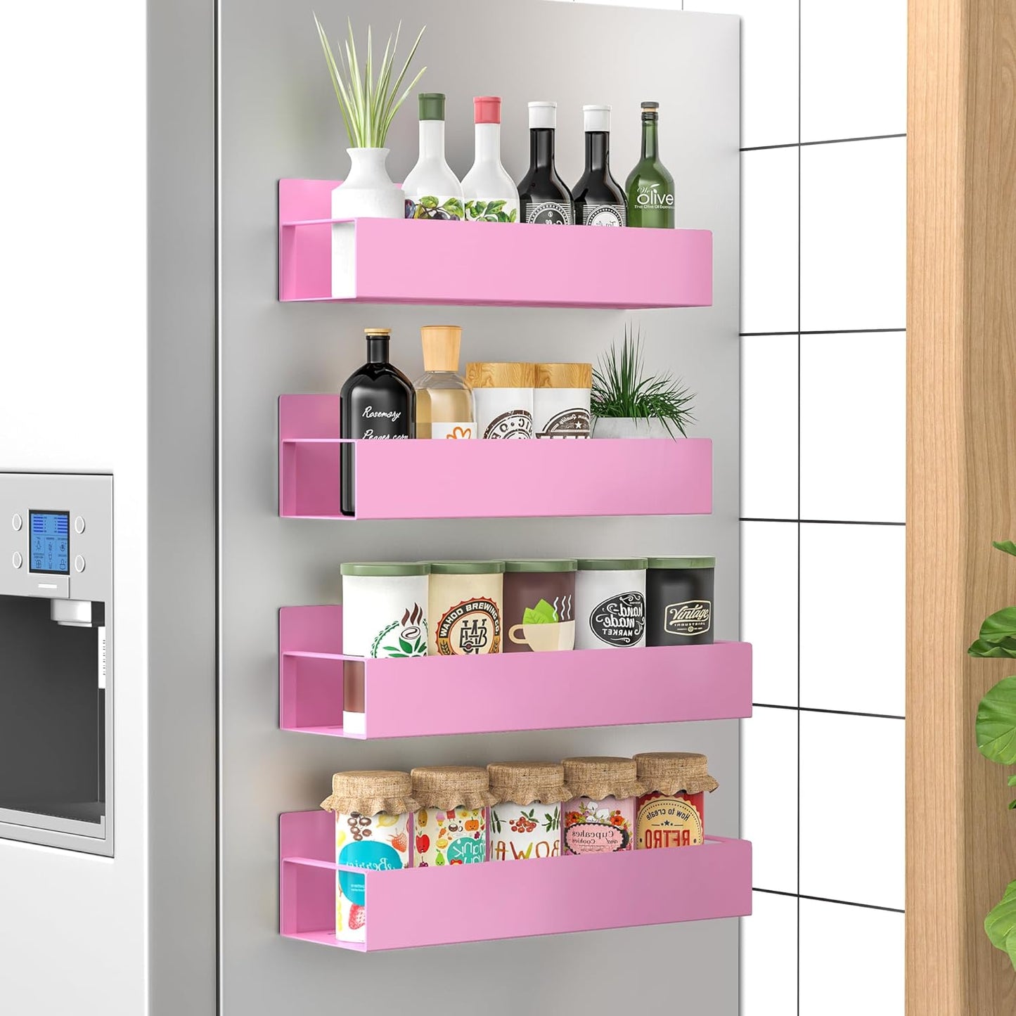 Huggiegems Metal 4 Pack Magnetic Spice Storage Rack Organizer for Refrigerator and Oven, Black Fridge Organizers and Storage, Metal