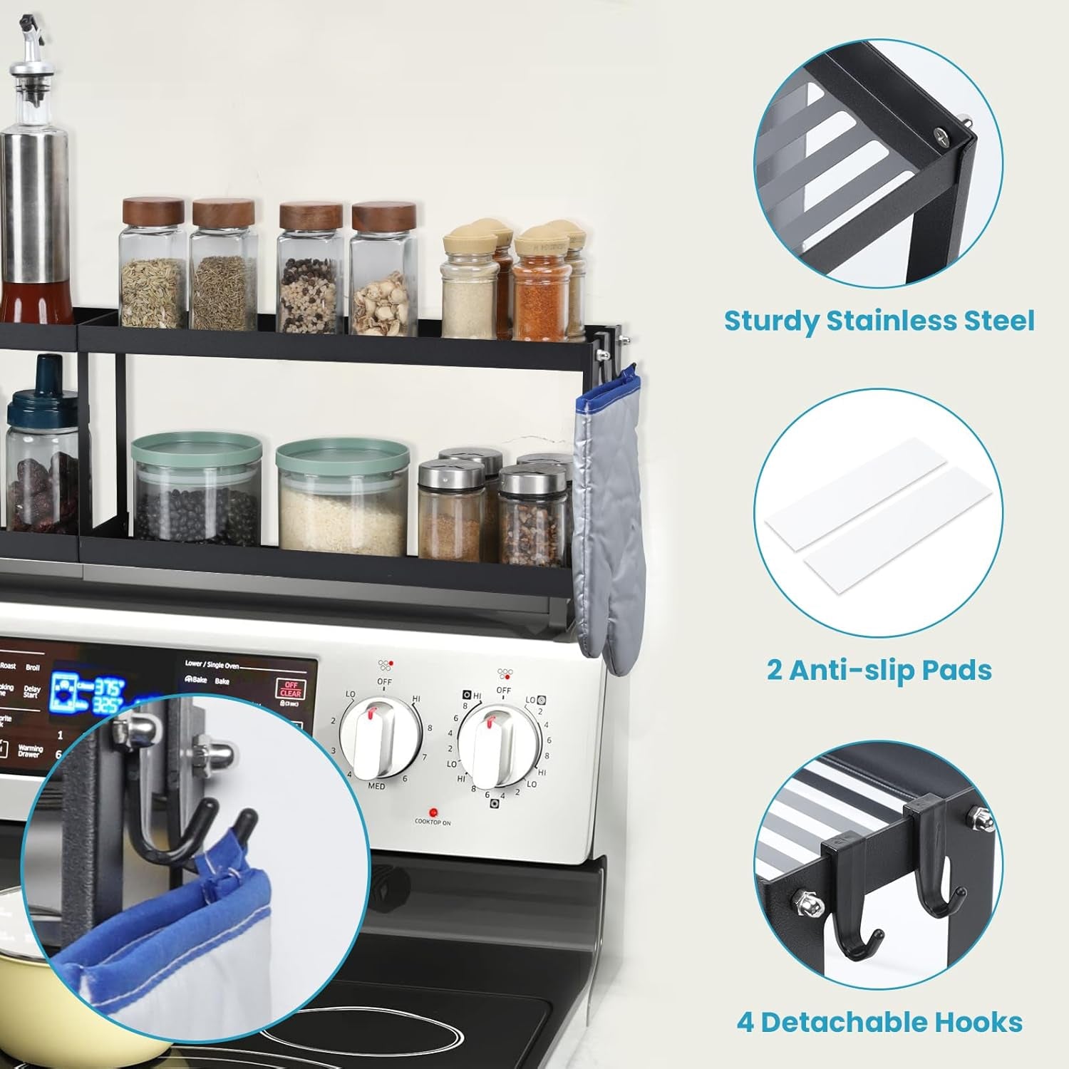 Otraki 2 Tier Strong Magnetic Oven Shelf 30 Inch Length Spice Rack over the Stove Shelf with 2 Anti-Slip Mats Seasoning & 4 Hooks Kitchen Spice Storage Organizer Black